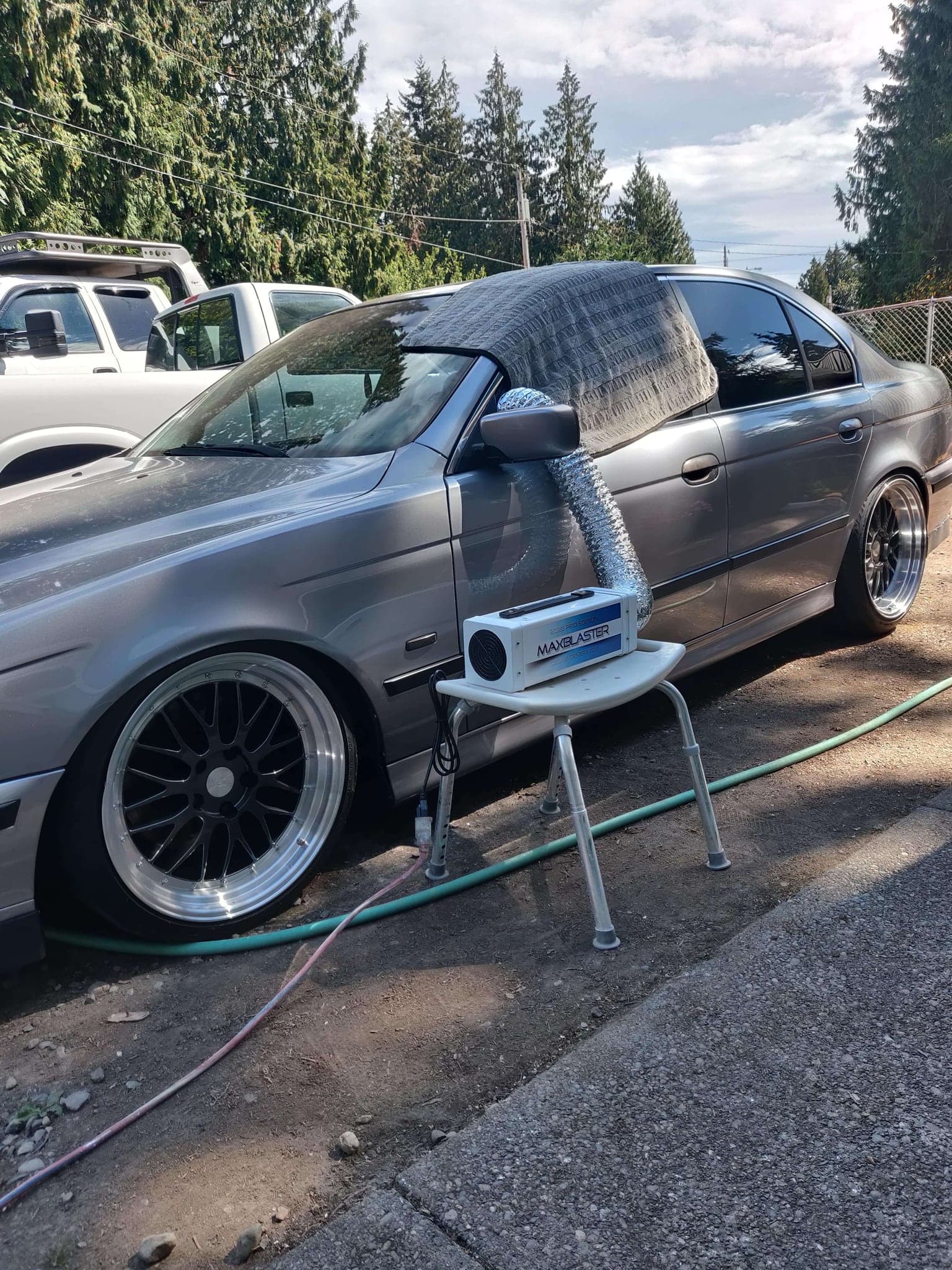 Vehicle during our ozone treatment with the machine pumping ozone into the cabin